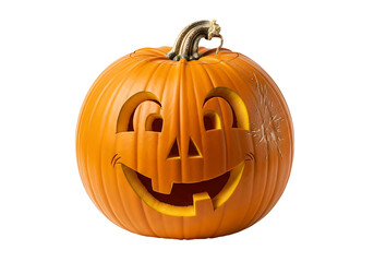 A vibrant, orange pumpkin, carved with a cheerful, cartoon face, stands out against a striking black background.