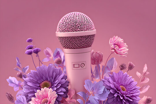 Captivating pink microphone blooms with vibrant purple and pink flowers creating a unique artistic composition