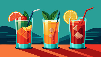 Close up eye level shot of three vibrant colorful cocktails