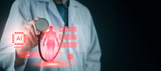 Medical professional analyzing patient holographic anatomy with AI agents, concept of healthcare technology, machine learning, and digital health innovation.