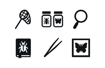 vector solid black filled icons entomologist (field kit): insect net sample jars magnifying glass field notebook forceps specimen box.