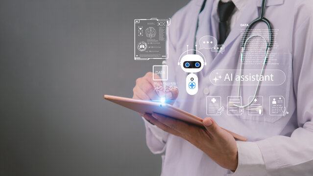 Doctor using tablet with chat bot AI assistant hologram, representing artificial intelligence in healthcare, digital medical technology, and smart patient data management. - Powered by Adobe