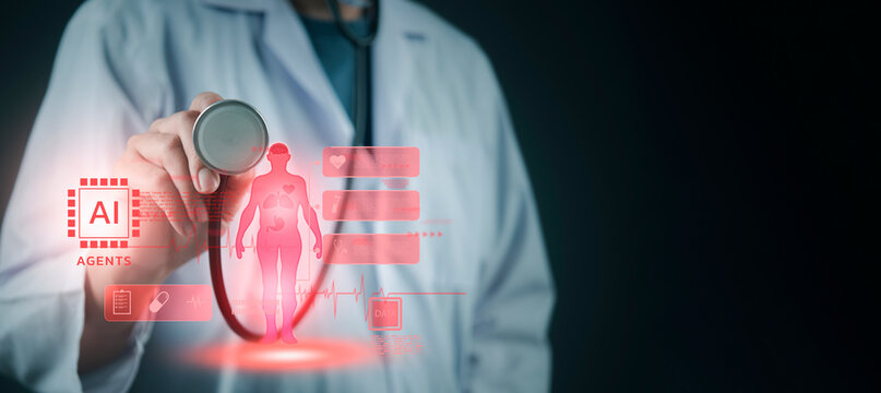 Medical professional analyzing patient holographic anatomy with AI agents, concept of healthcare technology, machine learning, and digital health innovation. - Powered by Adobe