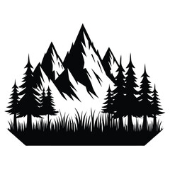Obraz premium Black Silhouette Illustration Mountains, Trees, and Grass Design for Outdoors Nature Lovers