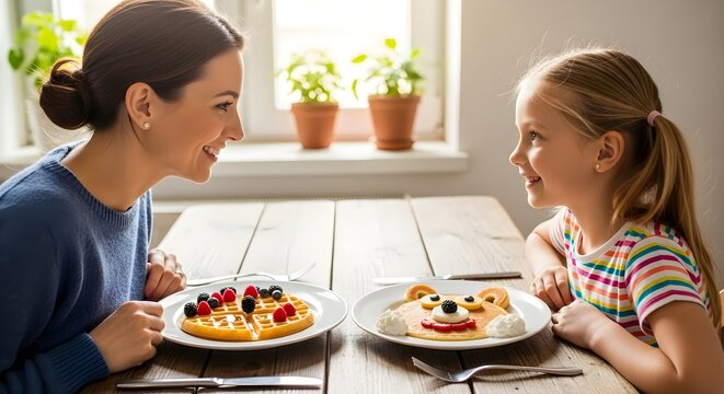 Happy mother and daughter enjoying breakfast together, sharing a fun meal with creative pancakes and waffles.