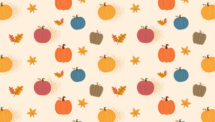 Seamless pumpkin pattern with orange, yellow, cream, and green tones. Perfect for autumn, Thanksgiving, Halloween, fabric, packaging, and seasonal decoration.