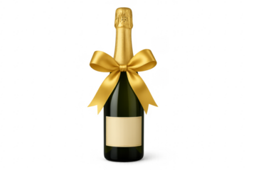 Champagne bottle with golden ribbon and blank label on transparent background