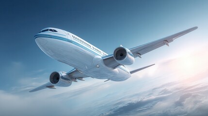 Fototapeta premium Commercial airplane flying through clouds with sunlit sky