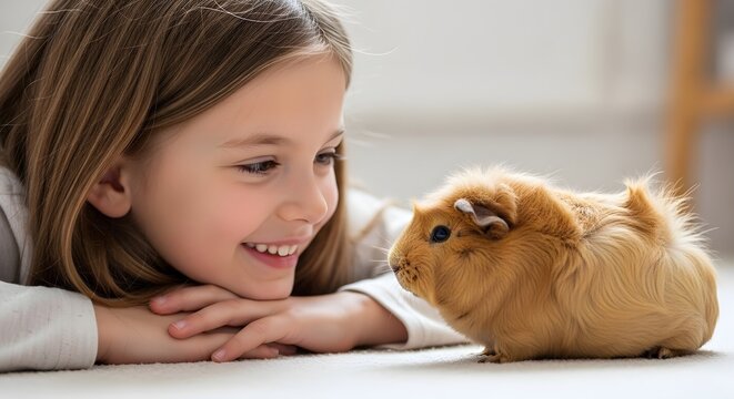 A young girl enjoys a tender moment with her beloved pet guinea pig, filled with joy.