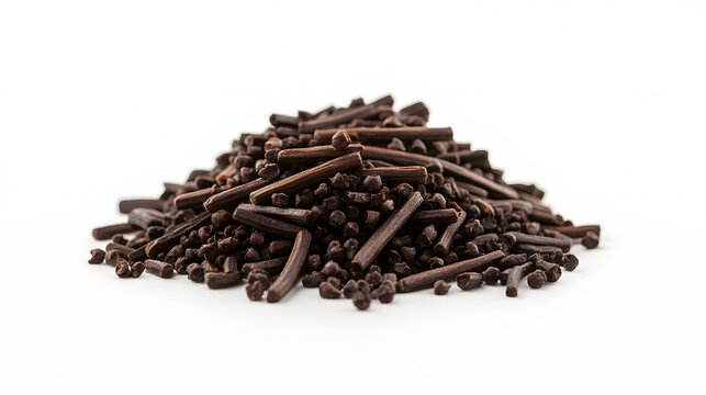 A small pile of long pepper sticks, dark brown and elongated, set against a white, featureless background, highlighting their intricate texture.