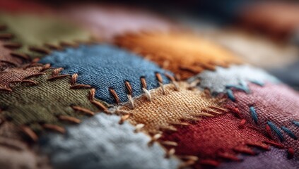 Close-up patchwork textile with colorful stitched squares