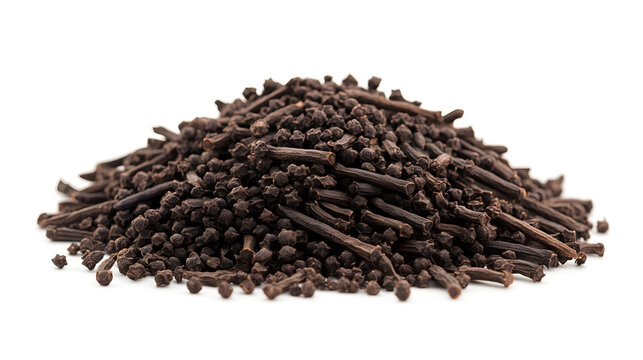 A small pile of long pepper sticks, dark brown and elongated, set against a white, featureless background, highlighting their intricate texture.