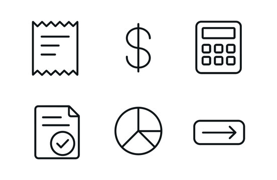 vector outline icons business travel planning (expense tracking): receipt icon dollar sign calculator expense report pie chart submit button.