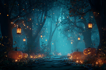 Enchanting Halloween forest path illuminated by glowing jack-o'-lanterns and magical lanterns