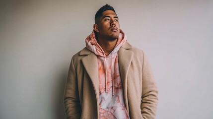 Obraz premium Young male model in layered winter fashion on white studio