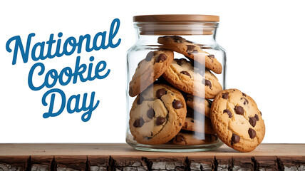 Chocolate chip cookies in glass jar with National Cookie Day text