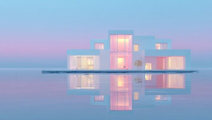 Fototapeta premium Modern white house on a tranquil, pastel-hued body of water. Soft pink light illuminates the interior