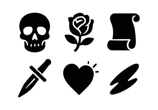 vector solid black filled icons tattoo artist (flash design): skull outline rose bloom script scroll dagger icon heart spark shadow smear.