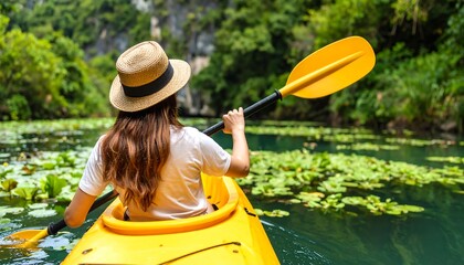 Woman kayaking tropical lagoon.