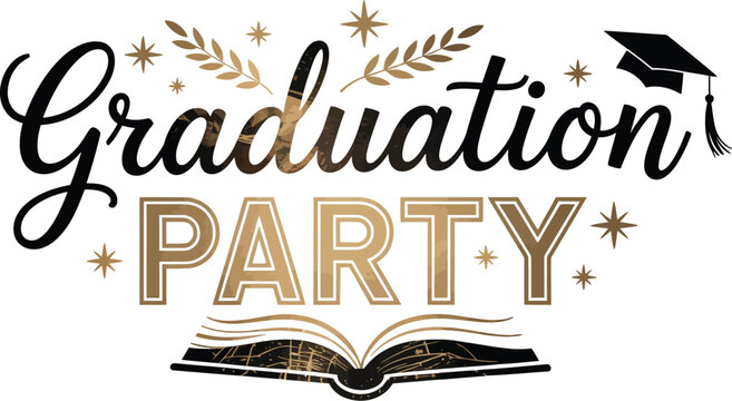 Graduation Party Celebration Graphic with Graduation Cap and Open Book