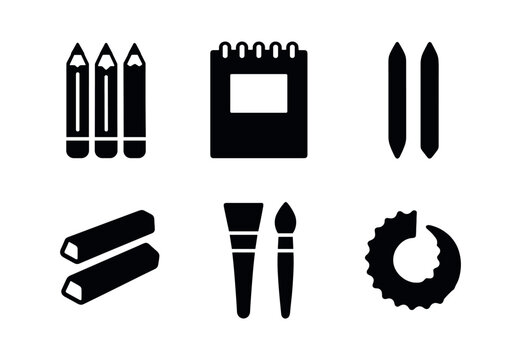 vector solid black filled icons mechanical eraser (art desk): pencils sketchpad blending stumps charcoal brushes shavings.