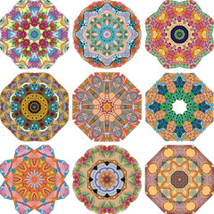 Set of colorful cute Mandalas. Decorative unusual round ornaments.
