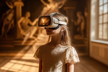 Young girl in a museum uses VR headset to experience art virtually, bridging physical and digital worlds.