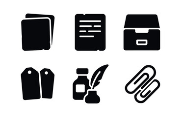 vector solid black filled icons index cards (archival): aged cards typewritten text filing drawer labels old ink paperclips.