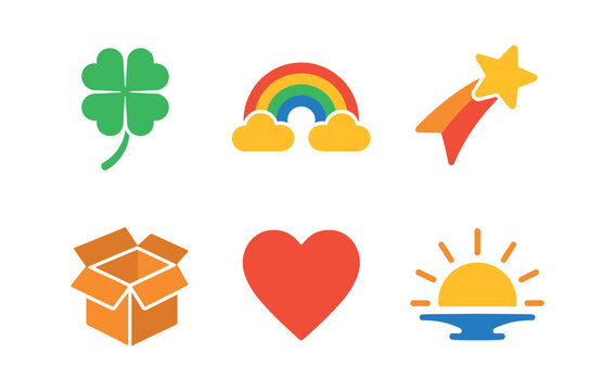 vector colorful flat filled icons serendipity (symbols): four leaf clover rainbow shooting star open box heart sunrise.