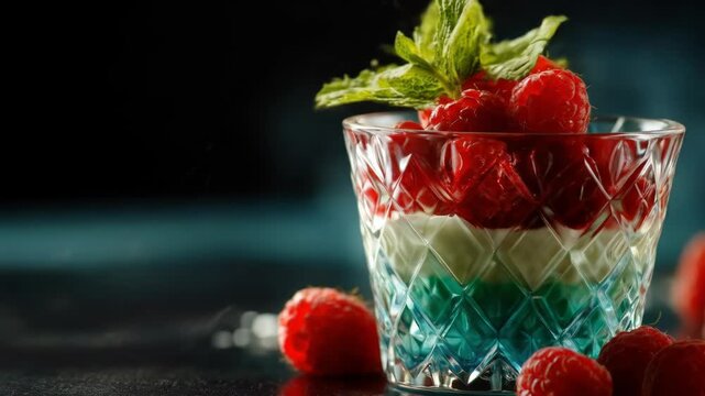 Layered dessert in patterned glass, topped with raspberries and mint