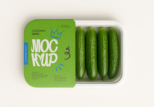 Food Tray Packaging Mockup &ndash; Realistic Fresh Cucumber Container with Label Design