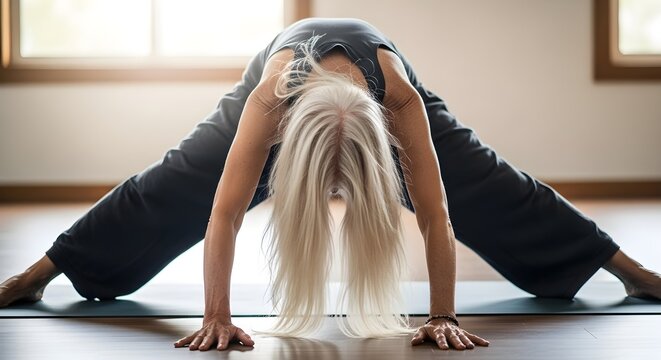 Senior woman practicing wide-legged forward bend in a yoga studio, promoting flexibility and wellness for a healthy lifestyle. - Powered by Adobe
