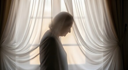 Silhouette of a contemplative elderly woman looking down by a window with soft light and flowing curtains
