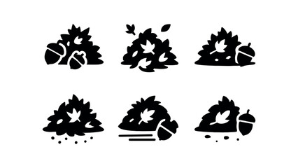 vector solid black filled icons autumn leaves pile (acorn scatter): acorn caps leaf bits shadow smear light rim ground speck motion lines.