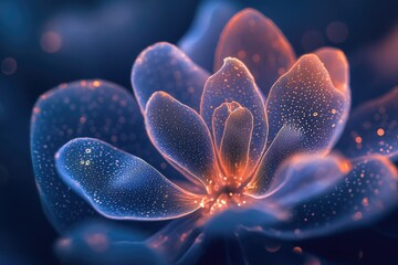 A mesmerizing digital art of a translucent flower with glowing orange accents, adorned with sparkling droplets.