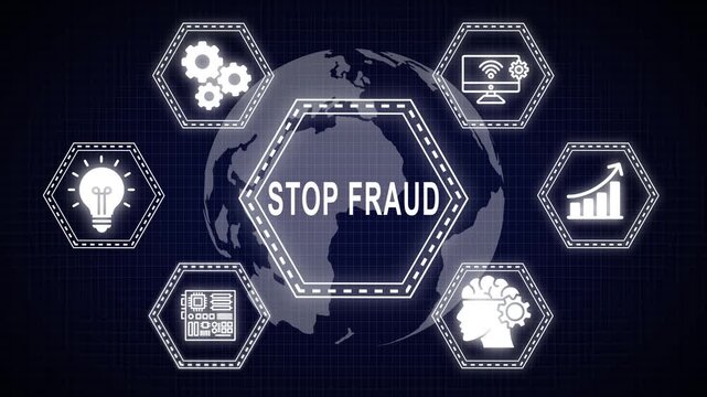 Conceptual illustration of stop fraud awareness protecting global data security measures