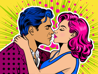A colorful pop-art illustration depicting a passionate kiss between a man and woman, set against a vibrant geometric background in vector