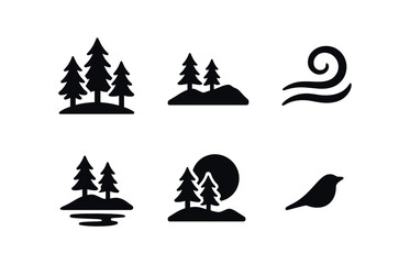 vector solid black filled icons ridge (forest ridge): pine silhouettes ridge line mist swirl shadow smear light rim bird dot.