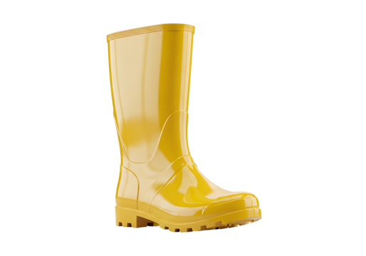 A vibrant yellow rain boot stands out against a black backdrop.