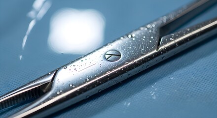 Close-up of sterile surgical scissors glistening with water droplets on a blue surgical drape, highlighting precision medical instruments and surgical procedures.