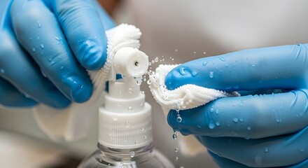 Close-up of hands in blue protective gloves spraying sanitizer onto a white cleaning cloth, emphasizing hygiene, protection, and germ prevention.