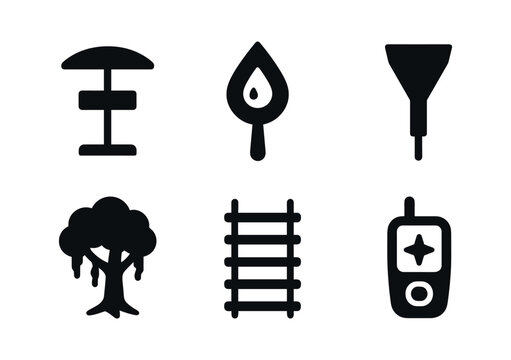 vector solid black filled icons climatologist (forest study): canopy sensor leaf wetness meter rain gauge mossy tree rope ladder GPS device.