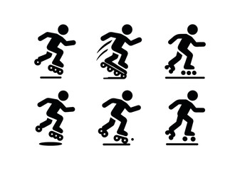 vector solid black filled icons rollerblading (speed jump): airborne skate motion arcs shadow smear highlight rim ground line light dots.