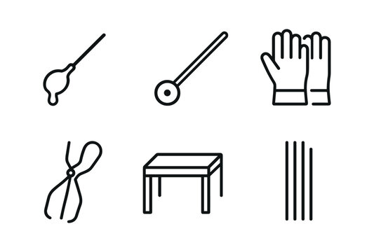 vector outline icons glassblower (workbench): molten glass blowpipe gloves tongs marver table colored rods.