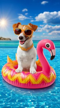 Happy dog wearing sunglasses sitting on a flamingo float in a bright blue pool under a sunny sky with beautiful clouds and scenic background