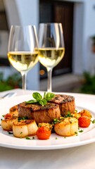 Gourmet steak and scallops with white wine