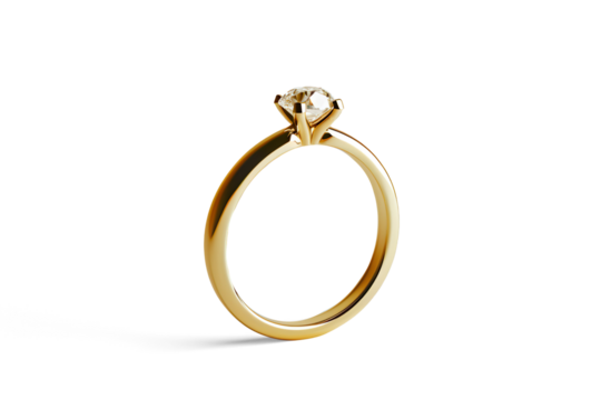 Close-up view of a gold ring with a rough cut diamond on a transparent background
