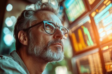 A pensive businessman analyzes financial data displayed on multiple screens, contemplating market trends and investment strategies.