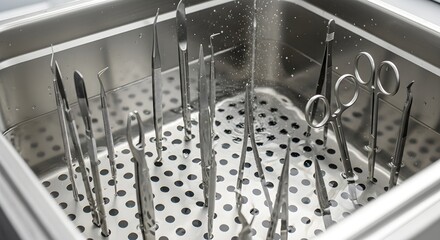 Sterile surgical instruments being cleaned in a water bath, showcasing hygiene and sanitation in a clinical environment, ready for use.