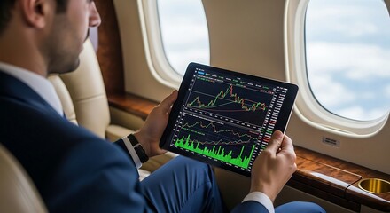Businessman Analyzing Stock Market Data on Tablet in Private Jet.